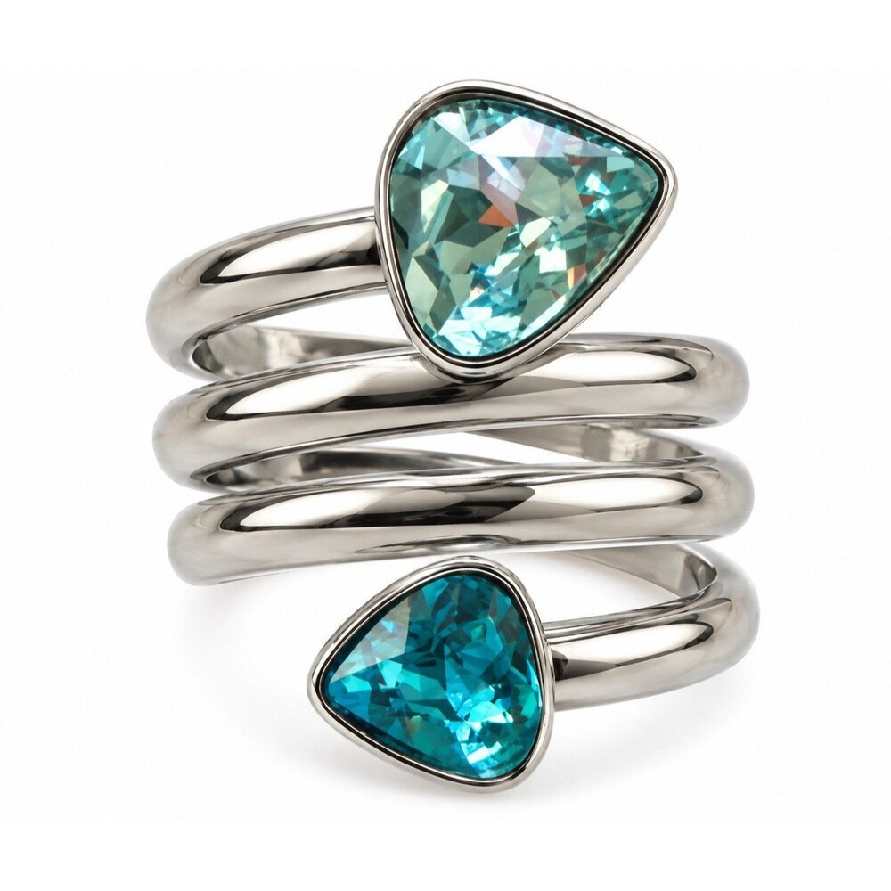 Double Crystal Spiral Ring Stainless Steel Aqua Teal Blue Open Wrap Statement